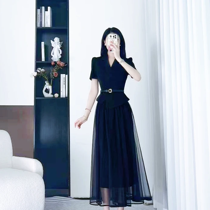 拉夏贝尔/25夏季新法式修身收腰显瘦气质短袖上衣+纱裙 10359 ZCJ