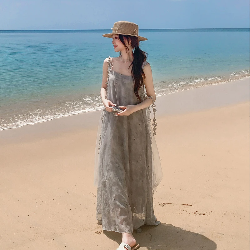 法式清冷感海边度假风无袖连衣裙女夏2025新款超仙漂亮气质吊带裙