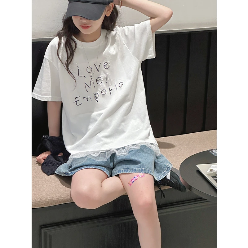 K28620钉珠蕾丝边女童短袖T恤2025夏装新款儿童洋气上衣宽松衣服t