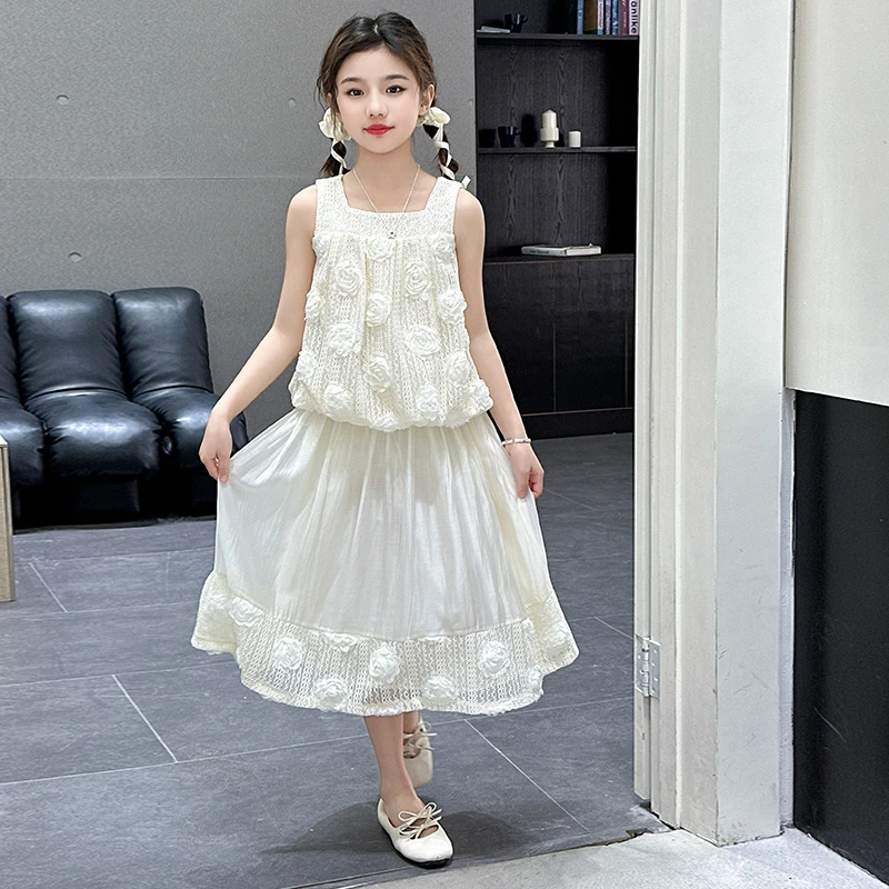 女童夏装套装2025新款气质小女孩洋气韩范衣服无袖吊带甜美公主裙