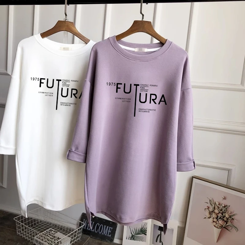 磨毛加厚纯棉长袖T恤女春秋韩版潮宽松中长款包臂内搭打底衫上衣