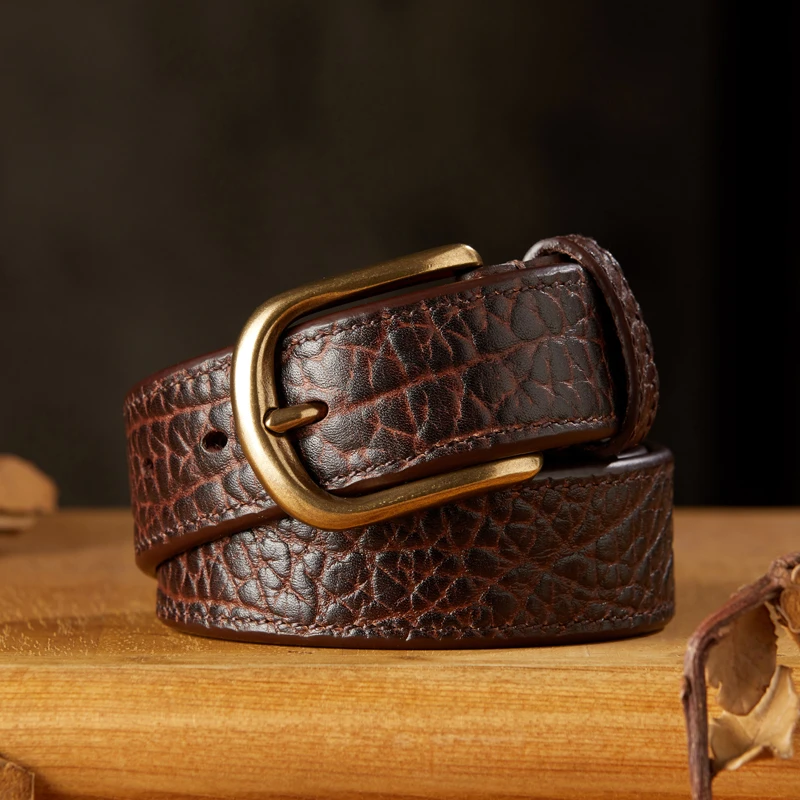 手工真皮男士头层牛皮纯铜扣皮带商务休闲头层牛皮高档针扣腰带潮