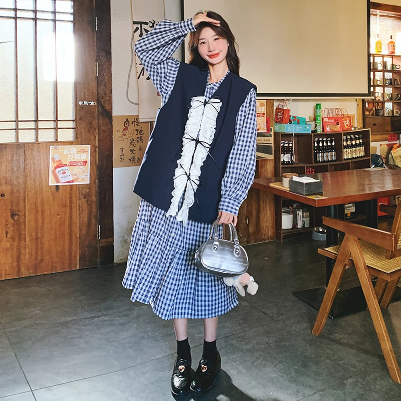 韩剧女主穿搭学院风撞色马甲格子连衣裙套装女早春秋设计款两件套