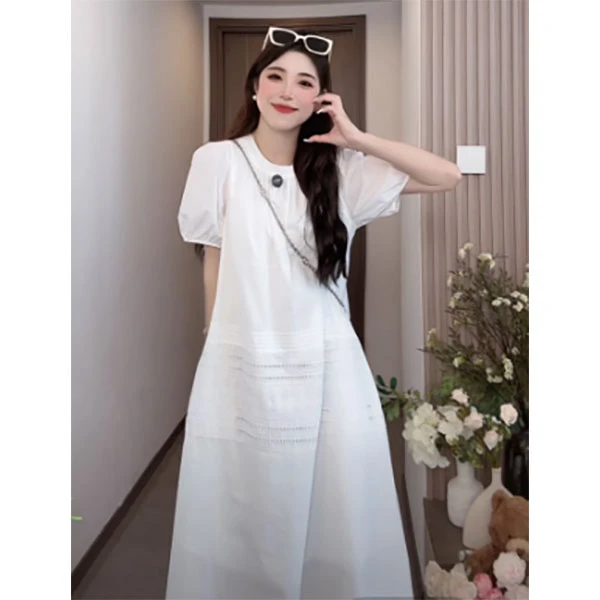 韩系泡泡袖圆领宽松显瘦拼接蕾丝边透气设计连衣裙女2025夏季新款