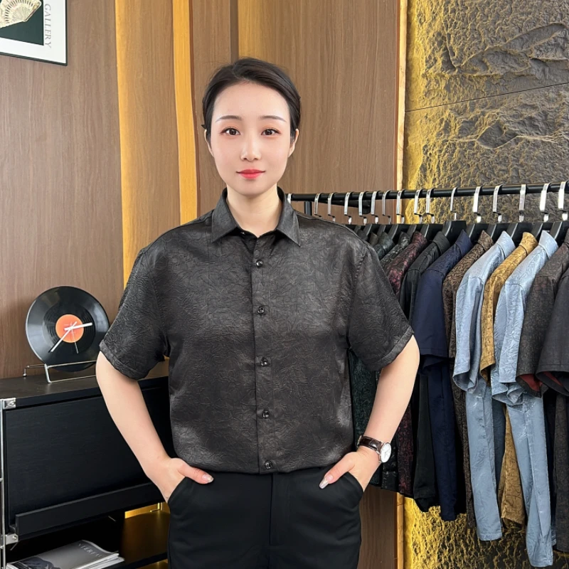 【国粹精华】夏季桑蚕丝透气冰凉丝滑商务休闲短袖抗皱免烫男士衬衫