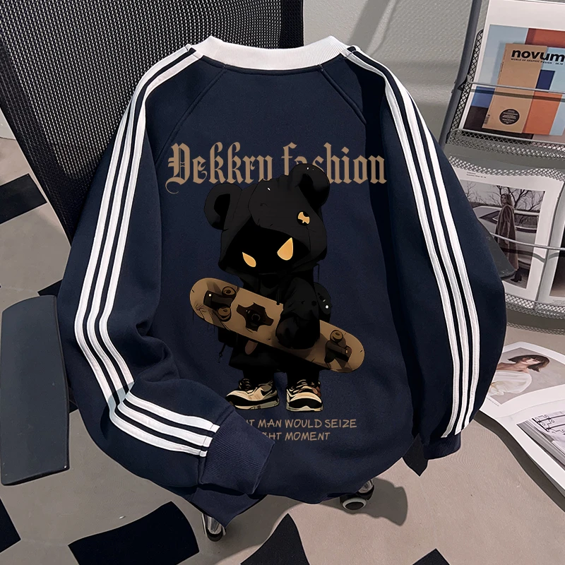 Dekkry酷炫滑板小熊人印花秋冬圆领三条杠加绒男女百搭藏青色卫衣
