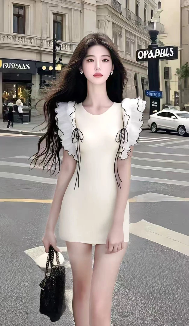 新款轻奢优雅别致设计感杏色圆领修身收腰包臀连衣裙时尚气质女装