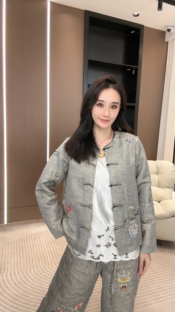 【米乐家】“宝瓶花”新中式国风时尚女士刺绣花瓶麻上衣09861