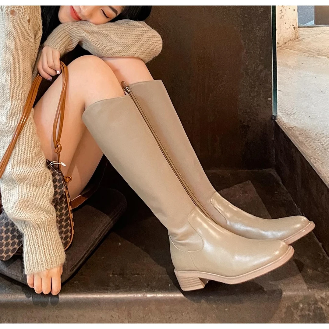 长靴女不过膝2025新款英伦方头粗跟骑士靴小个子真皮显瘦长筒靴