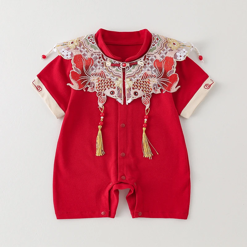 婴儿衣服夏装连体衣薄款女宝宝百天喜庆周岁服中式哈衣夏季包屁衣