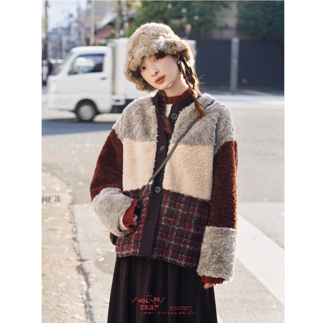 「白描工作间」"拉格朗冬日"流浪风四色高品质面料拼接毛绒外套