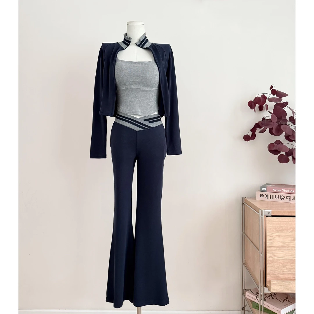 网球套装!! 超牛V腰神裤!!! 螺纹拼接外套长裤吊带