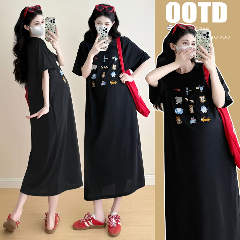 「圈圈优选」2025新款夏装印花卡通孕妇连衣裙宽松中长款韩版孕妇装
