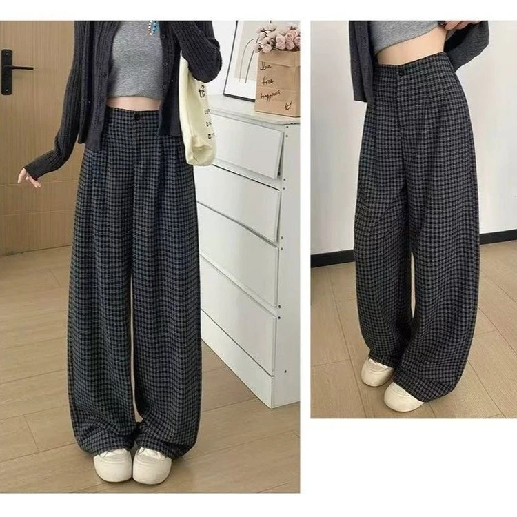 格子阔腿裤休闲裤休闲直筒长裤显瘦小个子大阔腿裤