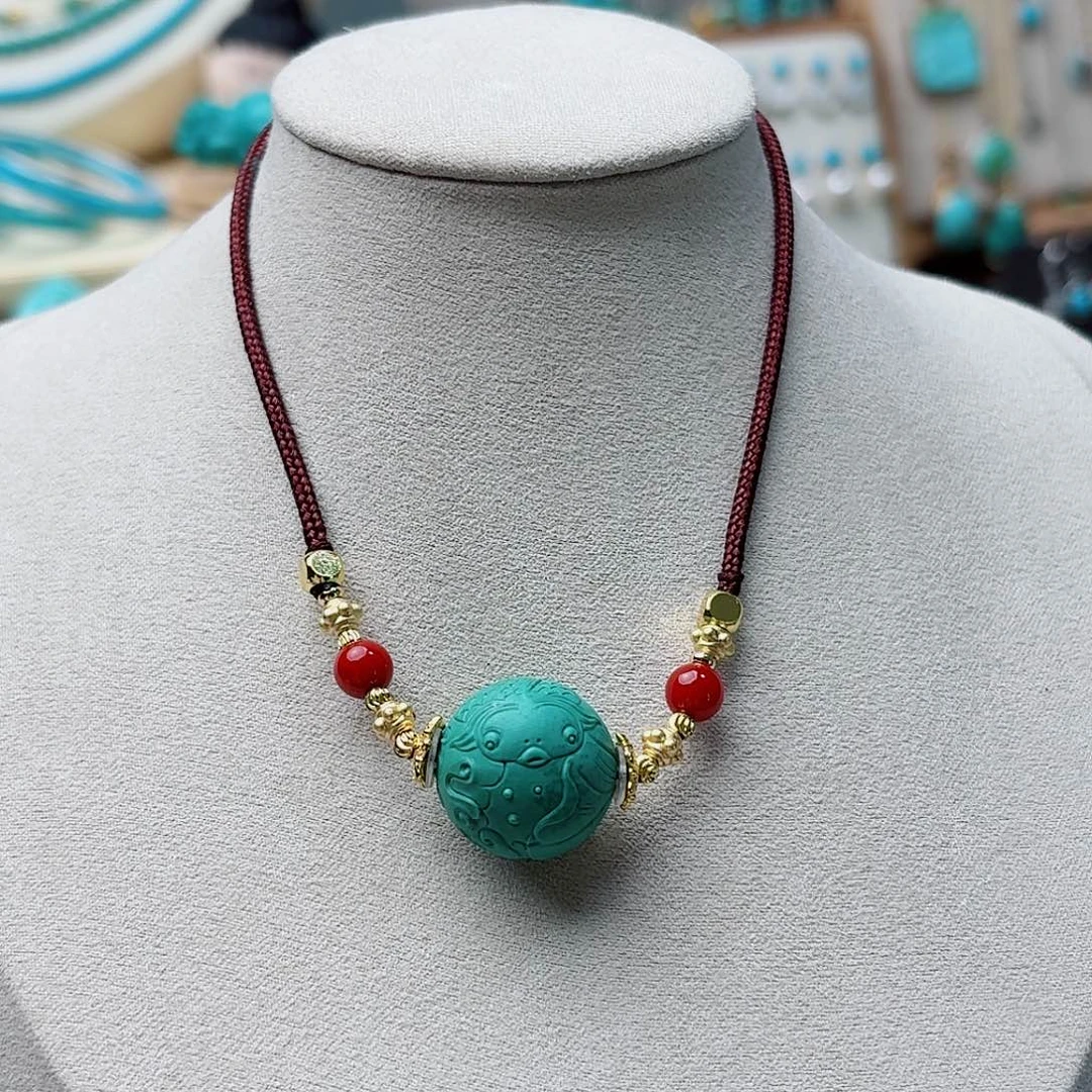 丽***绿松石未镶嵌高瓷绿雕刻锁骨珠18.5