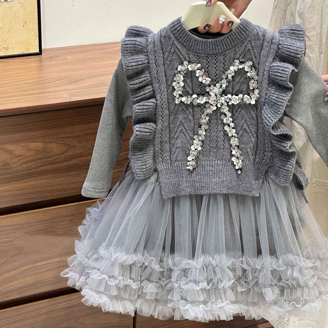 拉萨发货 90妈120码女童公主裙冬加绒儿童洋气乖连衣裙马甲两件套