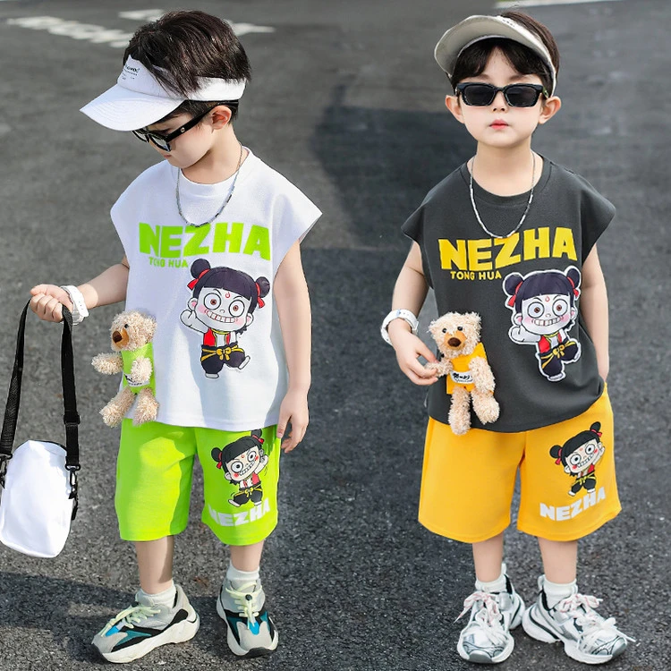 儿童薄款哪吒背心套装夏季男童运动无袖小童帅气宝宝两件套