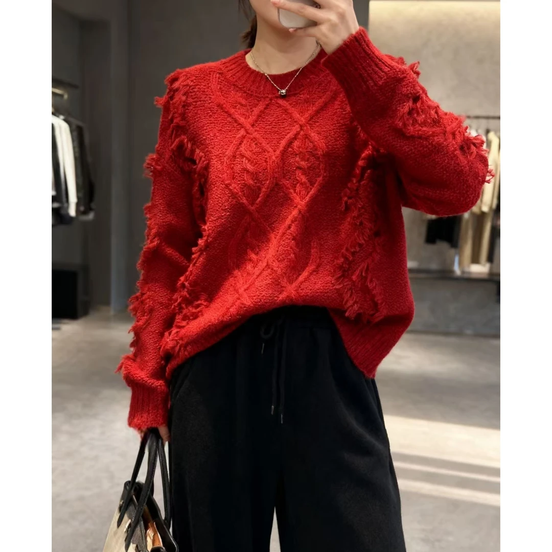 胸120-190长66绞花厚毛衣宽松慵懒套头遮肉显瘦针织上衣 4282