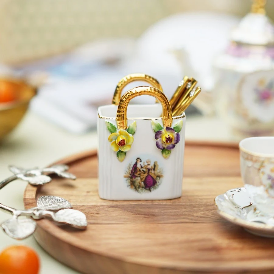 【奇居腾飞】白色立体花卉小包包收纳罐客厅桌面摆件#H094-WT-H04