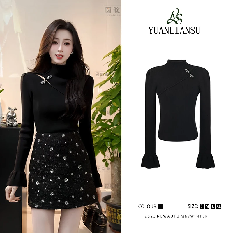 YUANLIANSU/圆脸酥【南笙旧梦】秋冬新款黑色立领别致显瘦针织衫女