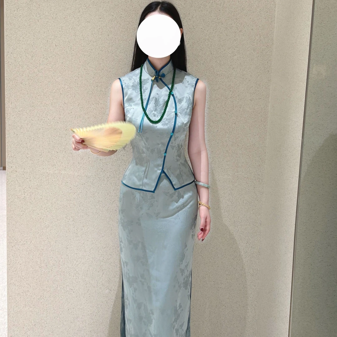 LHMknk1画报夫人原创自制夏季显瘦国风新中式旗袍两件套 月照蓝颜