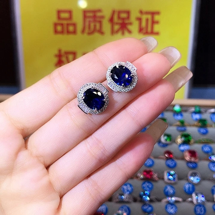 蓝宝石耳饰银S925镶嵌