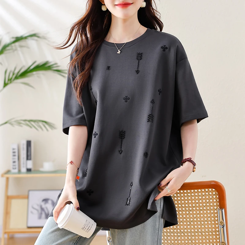 圆领钉珠亮片灰色短袖T恤2025夏季新款韩版休闲棉质宽松大码女装