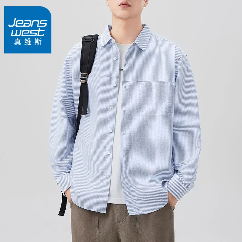 真维斯日系复古春秋新款男士条纹休闲纯棉长袖衬衫美式工装衬衣潮