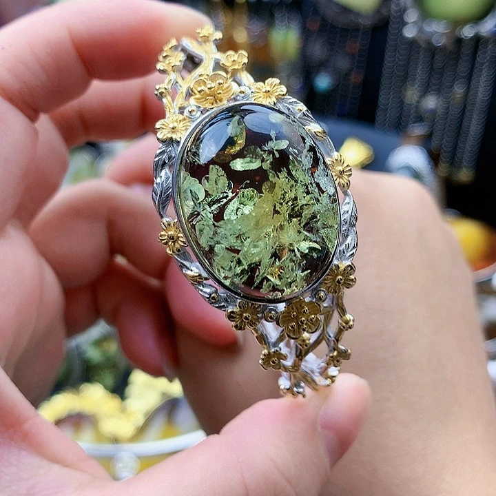 琥珀裸石银S925镶嵌手镯