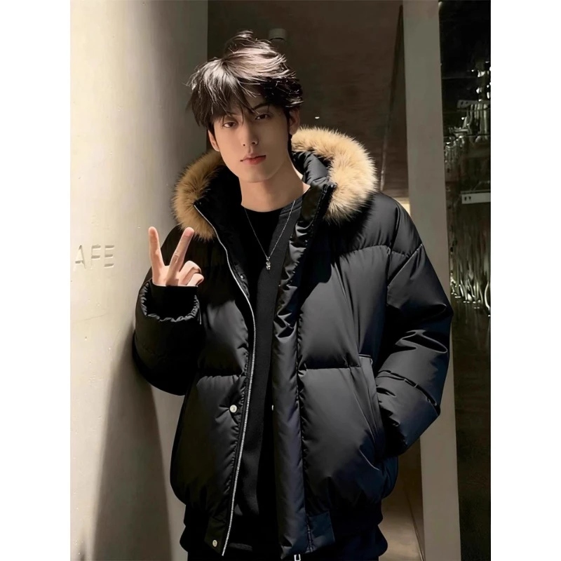 美式黑色pu皮棉衣男女款冬季保暖连帽派克棉服短款可拆卸毛领外套