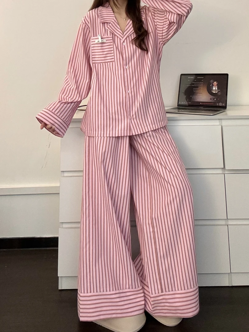 【DMXJ大梦想家】甜美可爱简约条纹睡衣女秋季款休闲长裤家居服套装