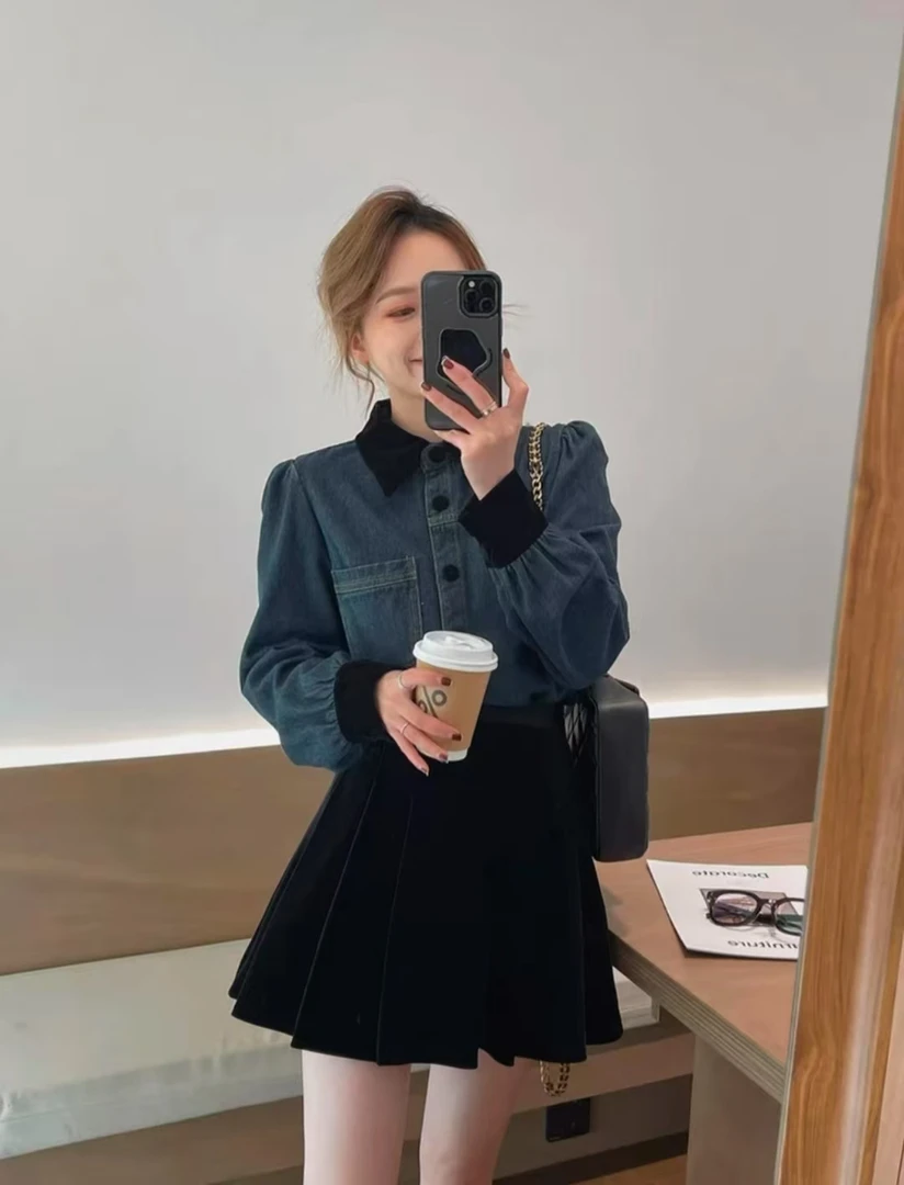 【黑色丝绒polo领牛仔衬衫】早春复古撞色拼接牛仔上衣