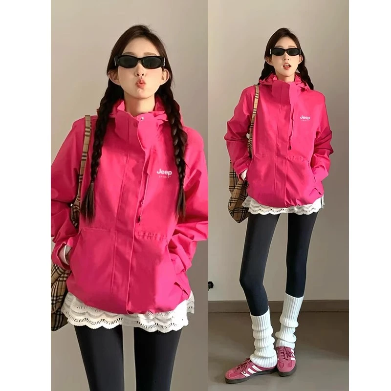JEEPSPIRIT玫红色冲锋衣女新款春秋季三合一小个子女款开春外套