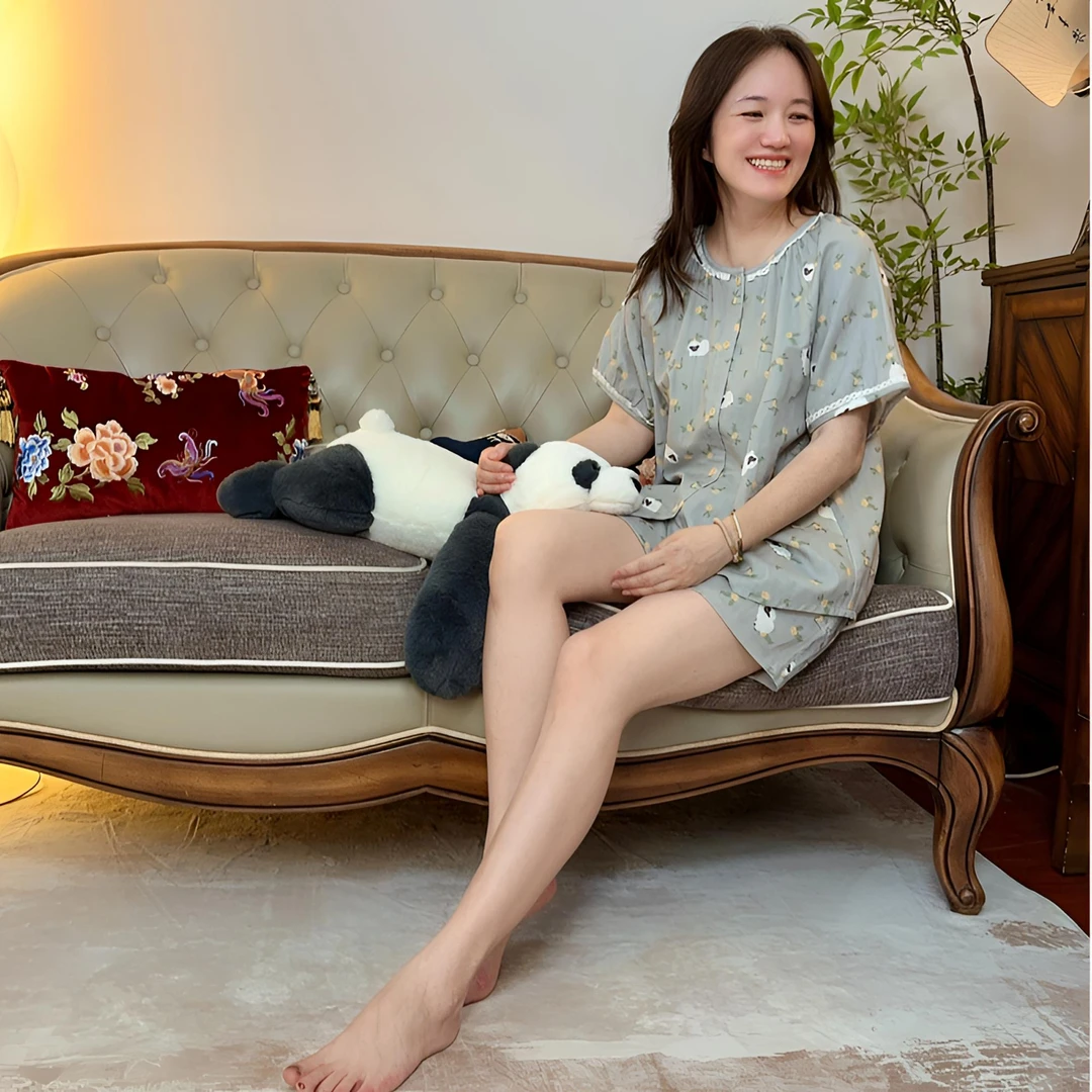 【段姐家居服】灰绿色全棉双层棉纱短袖短裤家居服睡衣套装可外穿