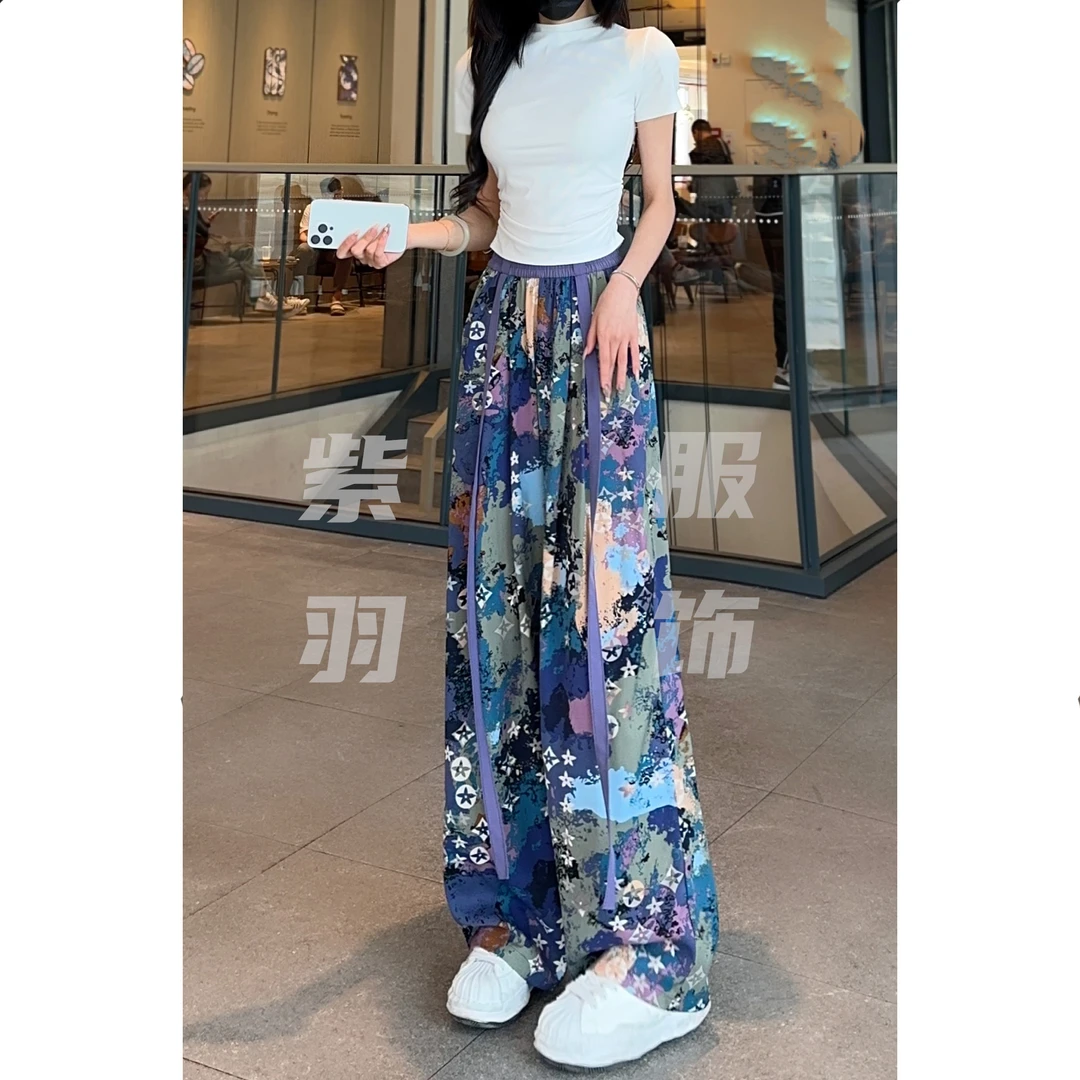 【紫罗兰】夏季薄款冰丝雪纺飘带阔腿裤女百搭透气宽松显瘦拖地裤