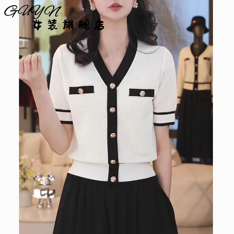 小香风V领针织短袖女夏季t恤2025新款冰丝气质时尚薄款时尚上衣女