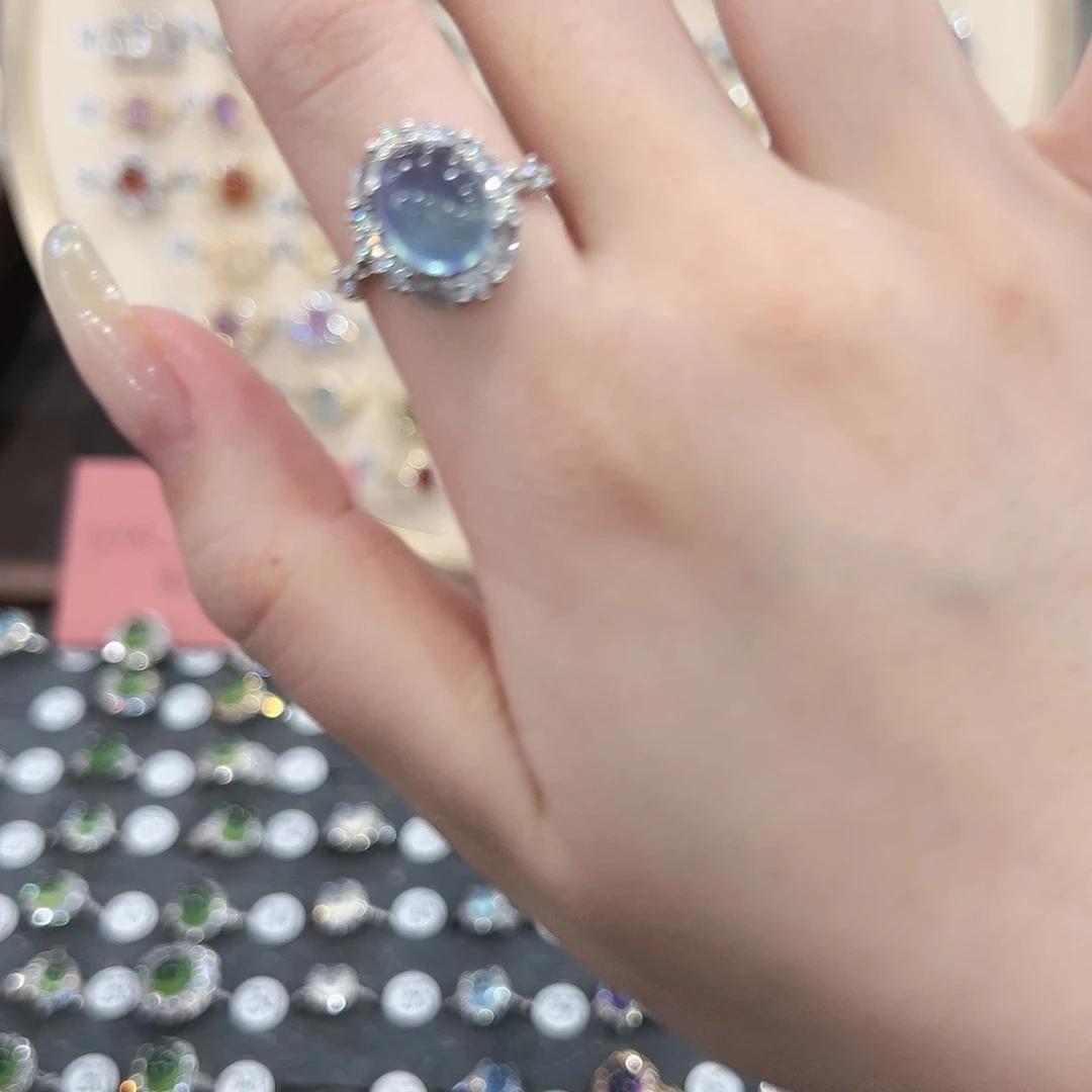 蛇纹石玉戒指银S925镶嵌草*酱