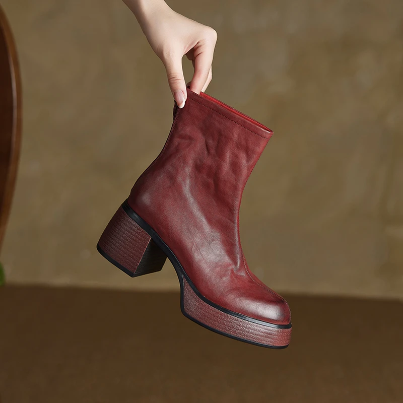 牛皮/7cm/秋冬新款小个子增高跟鞋厚底粗跟真皮舒适百搭短靴女鞋