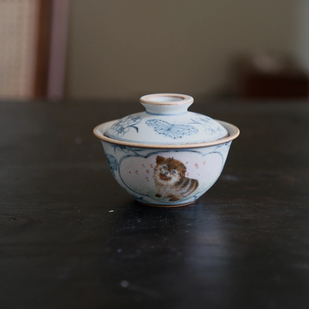 【云长】青花蝴蝶开窗小狗宝宝盖碗