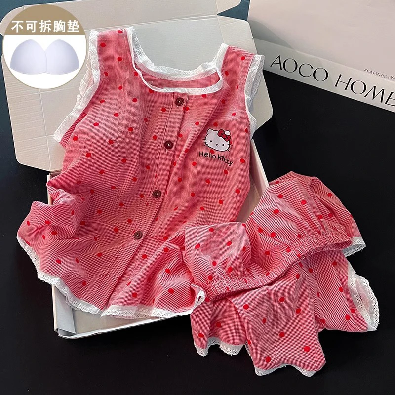 KT猫背心短裤睡衣女夏季带胸垫蕾丝花边可爱卡通红色波点无袖套装