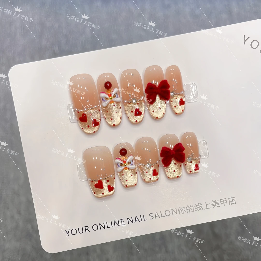 [烫金醒狮】纯手工穿戴甲气质穿搭可替换美甲贴片10片装