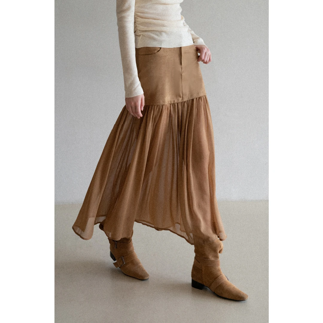 EGGKA设计感拼接网纱仿麂皮半身裙高腰显瘦E25B3839AF