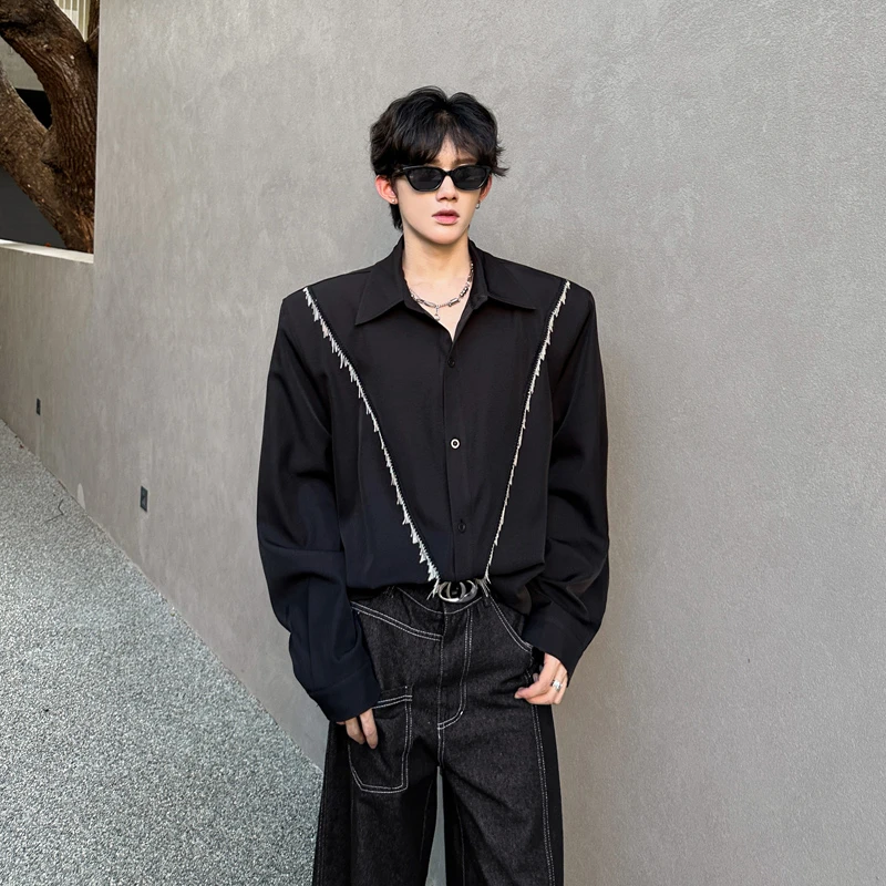 秋季美式高街垫肩衬衫男长袖小众解构流苏设计感网红痞帅衬衣休闲