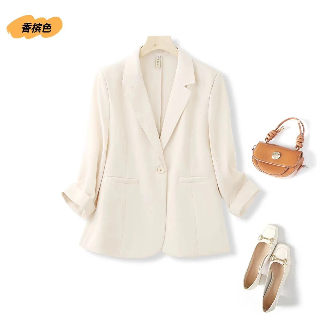 春夏薄款休闲女士西装上衣缎面显瘦气质外套2205
