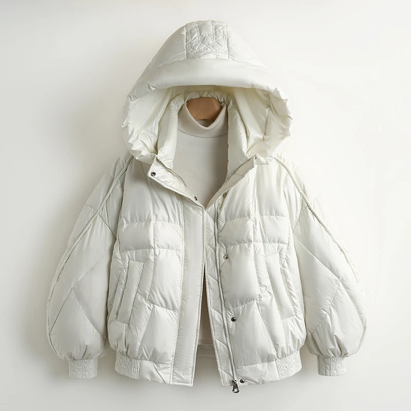 【伍莎-自营】简约纯色宽松立领连帽百搭短款羽绒服#RCH48H013