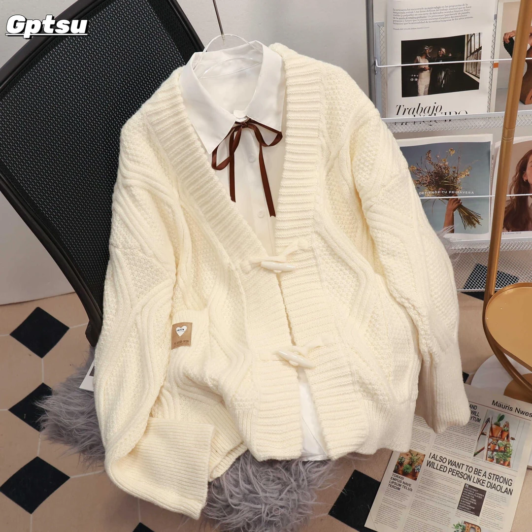 GPTSu女春秋装加厚毛衣保暖麻花开衫外套针织宽松学院风慵懒韩版