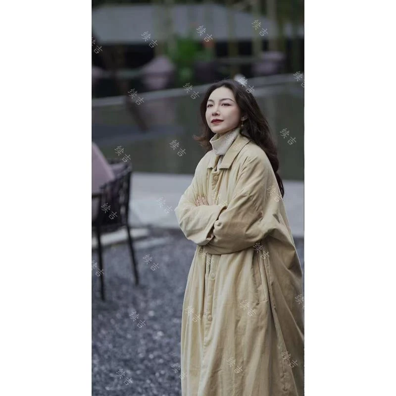 冬-续吉麻衣25-2555【文定吉祥】翻领单排扣长袖纯色中长款棉衣