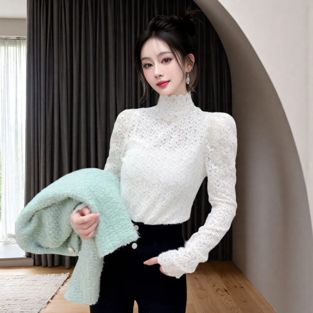 半高领磨毛长袖蕾丝打底衫女2025秋冬新款性感微透百搭显瘦上衣