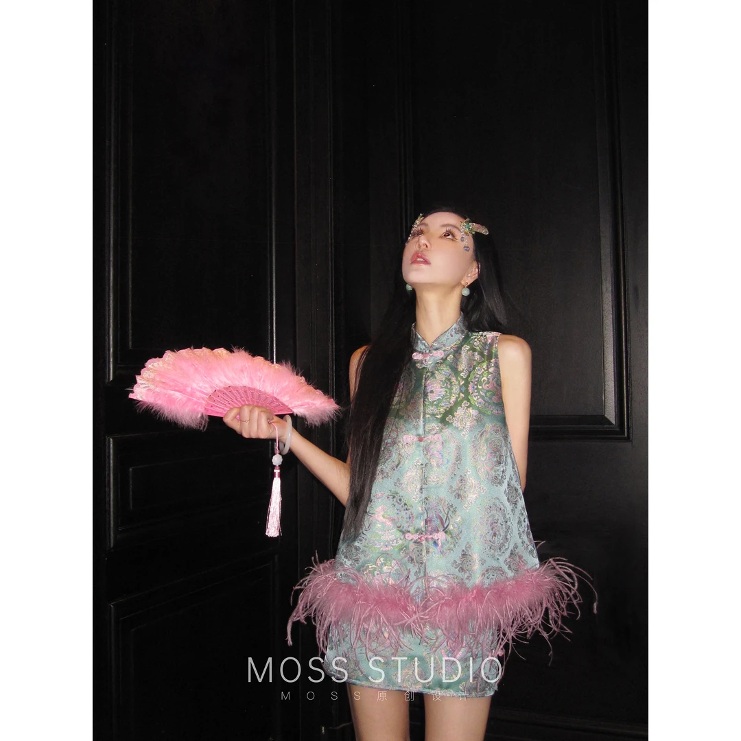 MOSS STUDIO【繁花青沐】新中式缎面提花可拆卸毛条马甲+半裙套装女