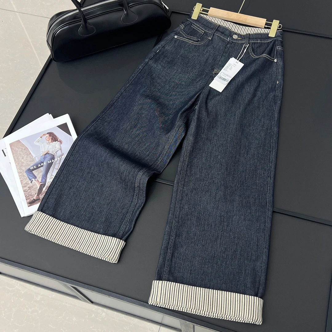 一款两穿~松弛慵懒风 高腰直筒阔腿卷边条纹设计休闲气质牛仔裤